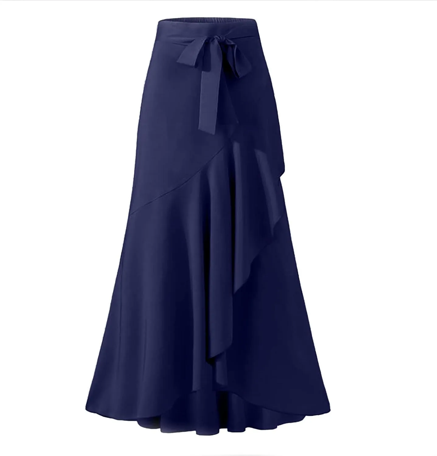 Women's Long Skirts Solid Color Elegant Bow Belt Flowy Culottes High Waist Swing Irregular Ruffles Maxi Skirt 2024
