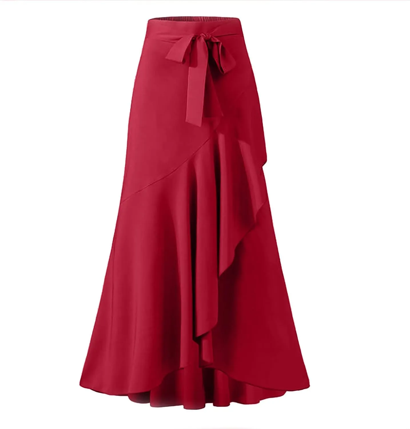 Women's Long Skirts Solid Color Elegant Bow Belt Flowy Culottes High Waist Swing Irregular Ruffles Maxi Skirt 2024