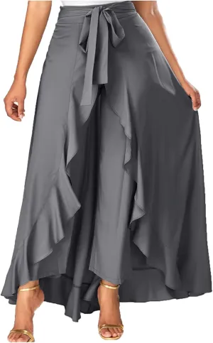 Women's Long Skirts Solid Color Elegant Bow Belt Flowy Culottes High Waist Swing Irregular Ruffles Maxi Skirt 2024
