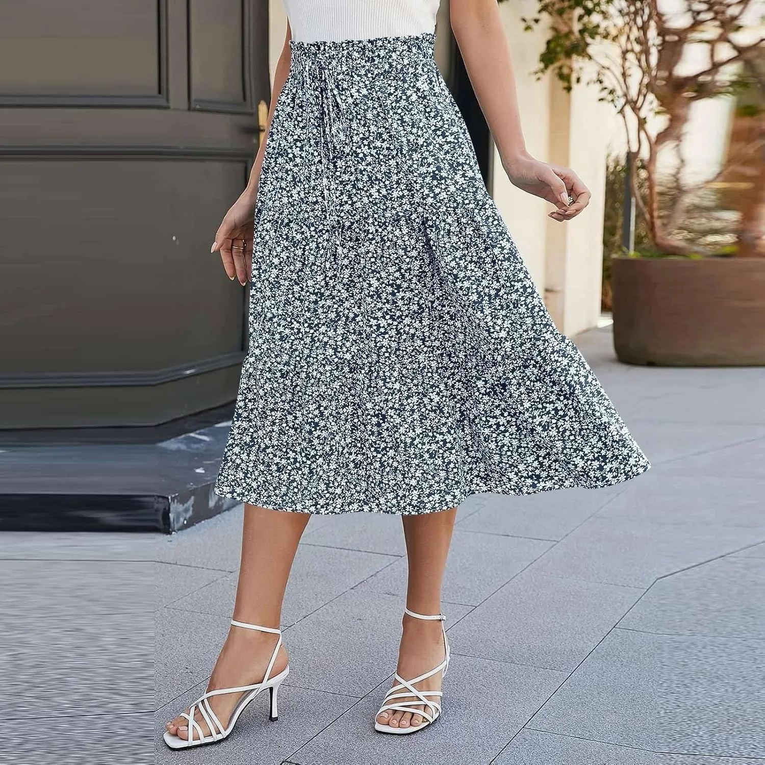 Womens Maxi Skirt 2025 Summer Comfy Tiered Elastic High Waisted Skirts Floral Boho Beach Vacation Long Skirts