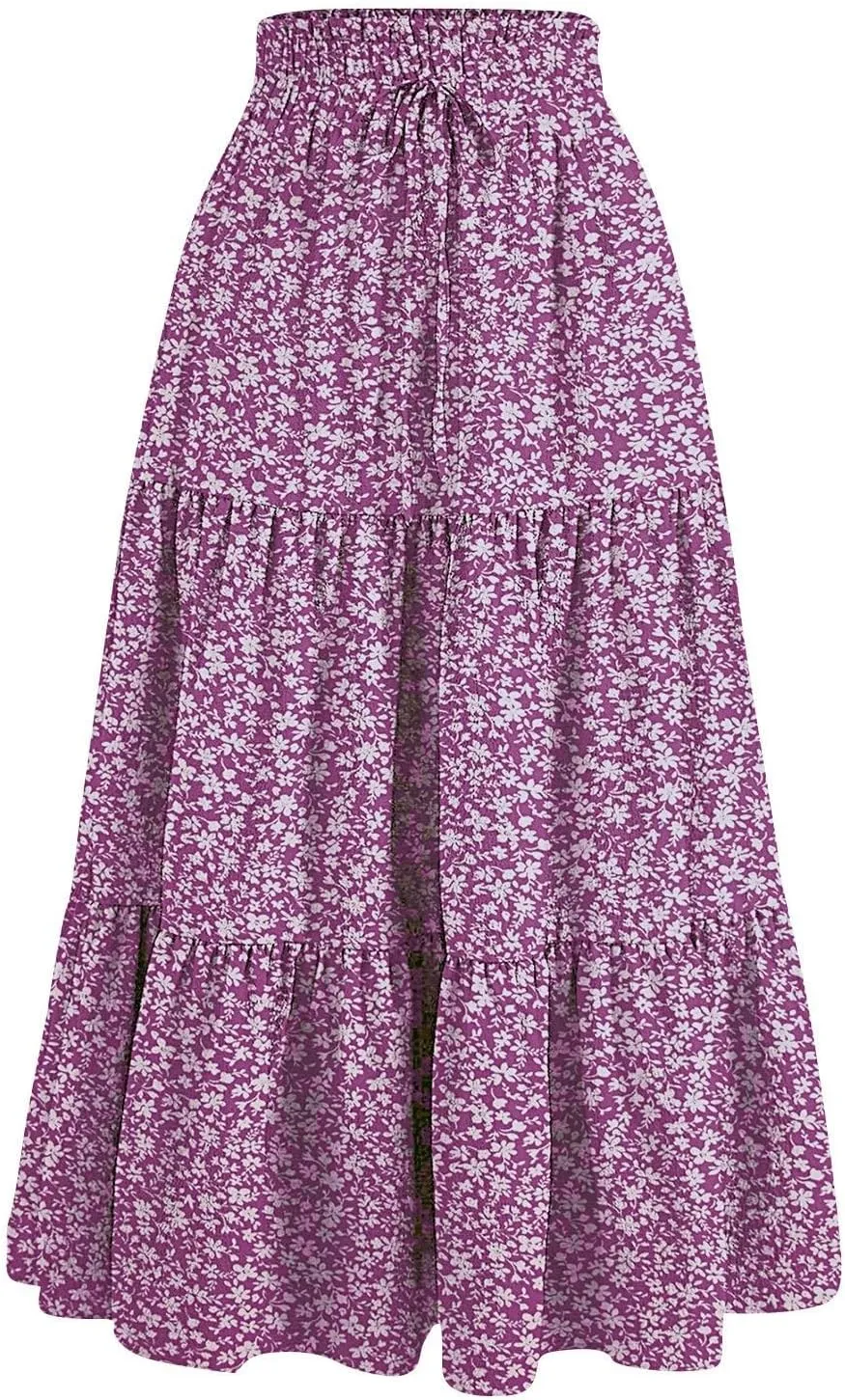 Womens Maxi Skirt 2025 Summer Comfy Tiered Elastic High Waisted Skirts Floral Boho Beach Vacation Long Skirts