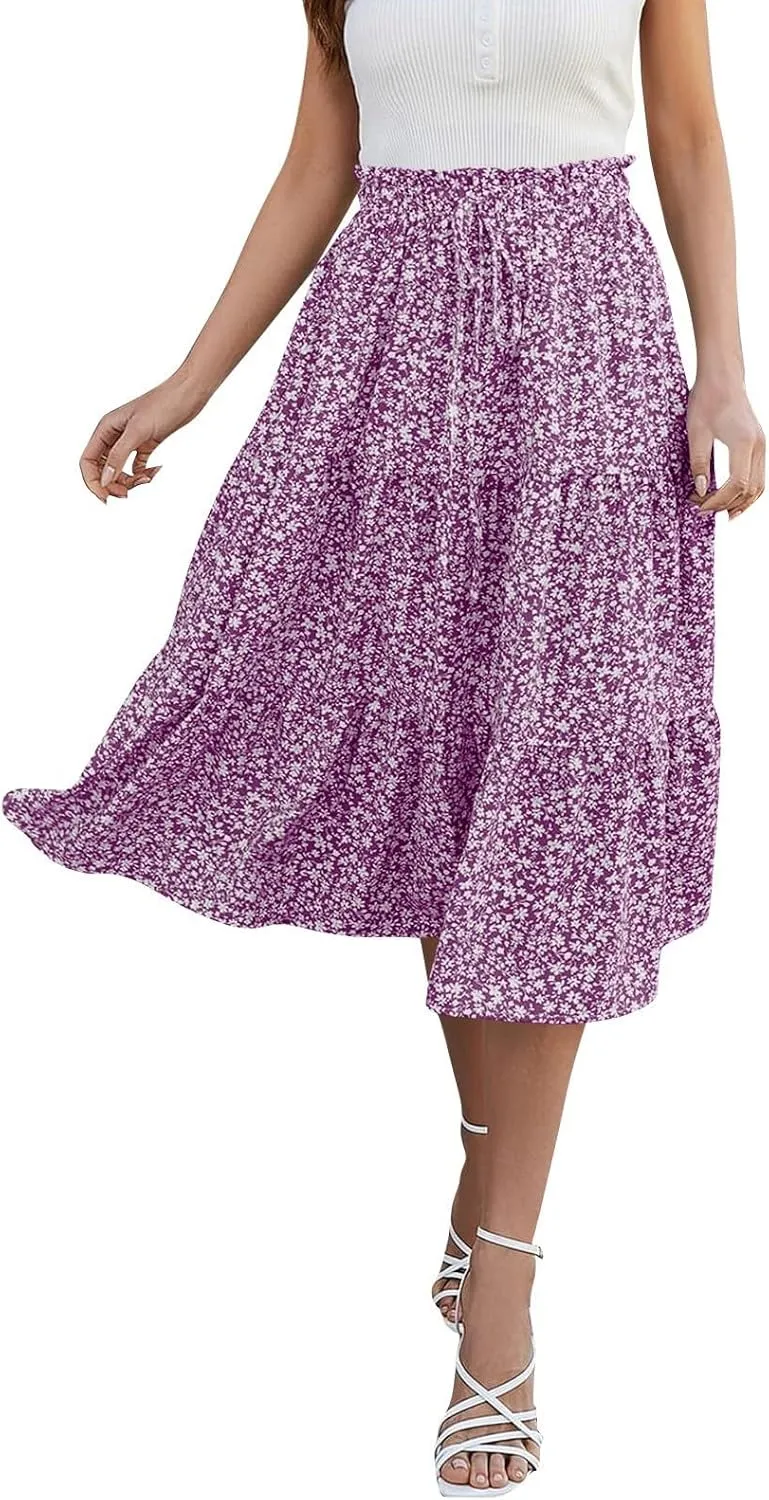 Womens Maxi Skirt 2025 Summer Comfy Tiered Elastic High Waisted Skirts Floral Boho Beach Vacation Long Skirts