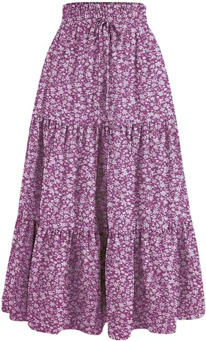 Womens Maxi Skirt 2025 Summer Comfy Tiered Elastic High Waisted Skirts Floral Boho Beach Vacation Long Skirts