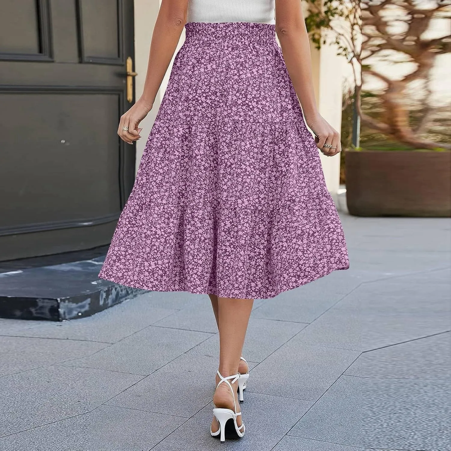 Womens Maxi Skirt 2025 Summer Comfy Tiered Elastic High Waisted Skirts Floral Boho Beach Vacation Long Skirts