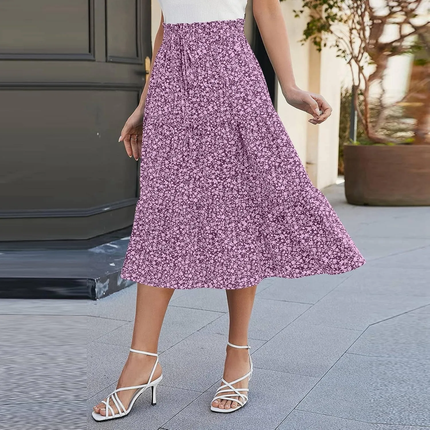 Womens Maxi Skirt 2025 Summer Comfy Tiered Elastic High Waisted Skirts Floral Boho Beach Vacation Long Skirts