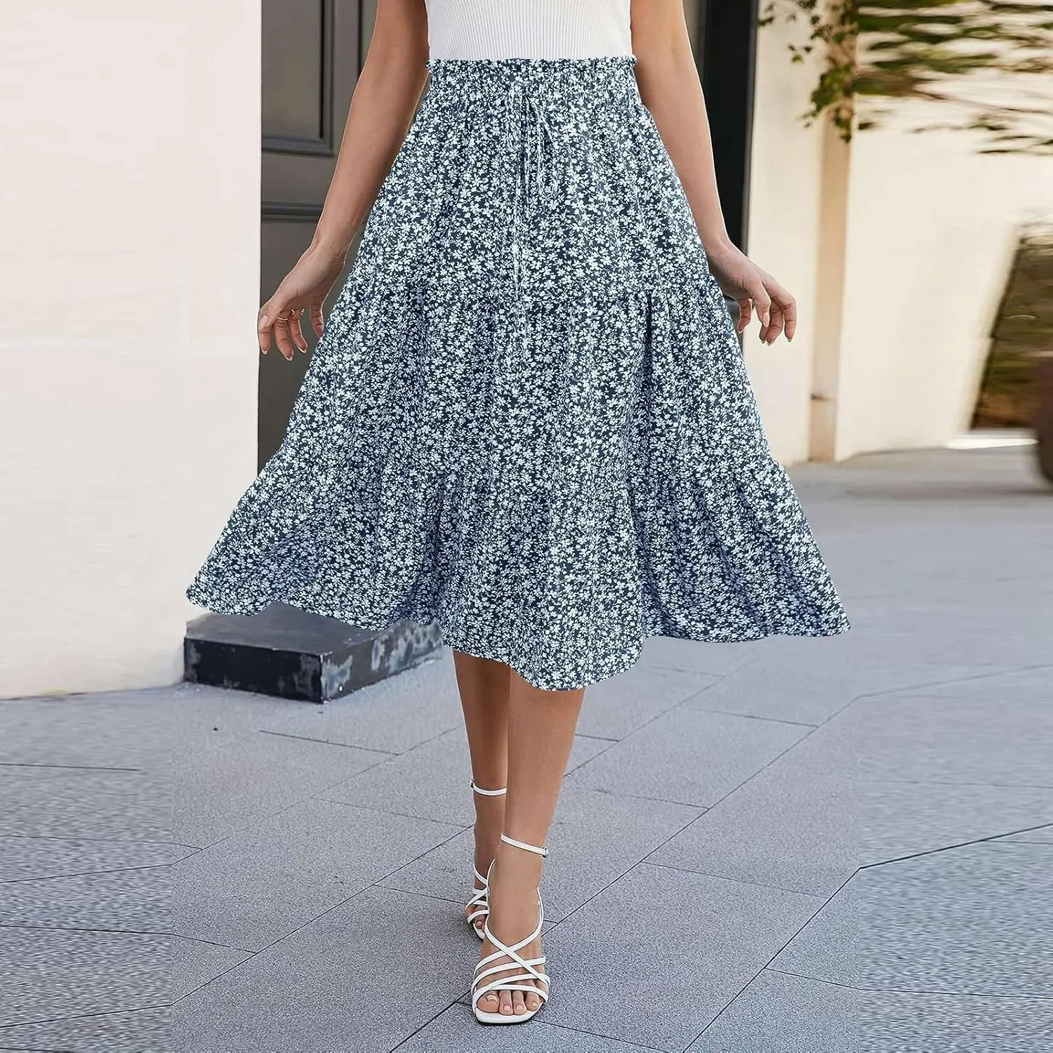Womens Maxi Skirt 2025 Summer Comfy Tiered Elastic High Waisted Skirts Floral Boho Beach Vacation Long Skirts