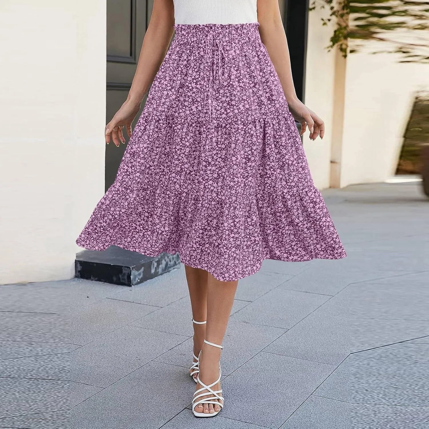Womens Maxi Skirt 2025 Summer Comfy Tiered Elastic High Waisted Skirts Floral Boho Beach Vacation Long Skirts