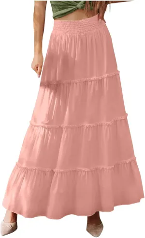 Womens Maxi Skirts Trendy Flowy Swing Tiered A-Line Long Skirt Summer Beach Swim Cover Up Vacation Travel Outfit 2025