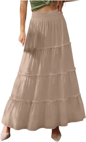 Womens Maxi Skirts Trendy Flowy Swing Tiered A-Line Long Skirt Summer Beach Swim Cover Up Vacation Travel Outfit 2025