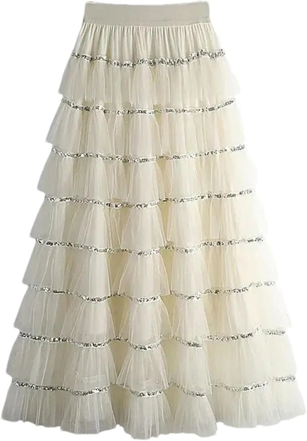 Women's Mesh Layered A-LINE Skirt Summer High Waisted Ruffles Long Skirt