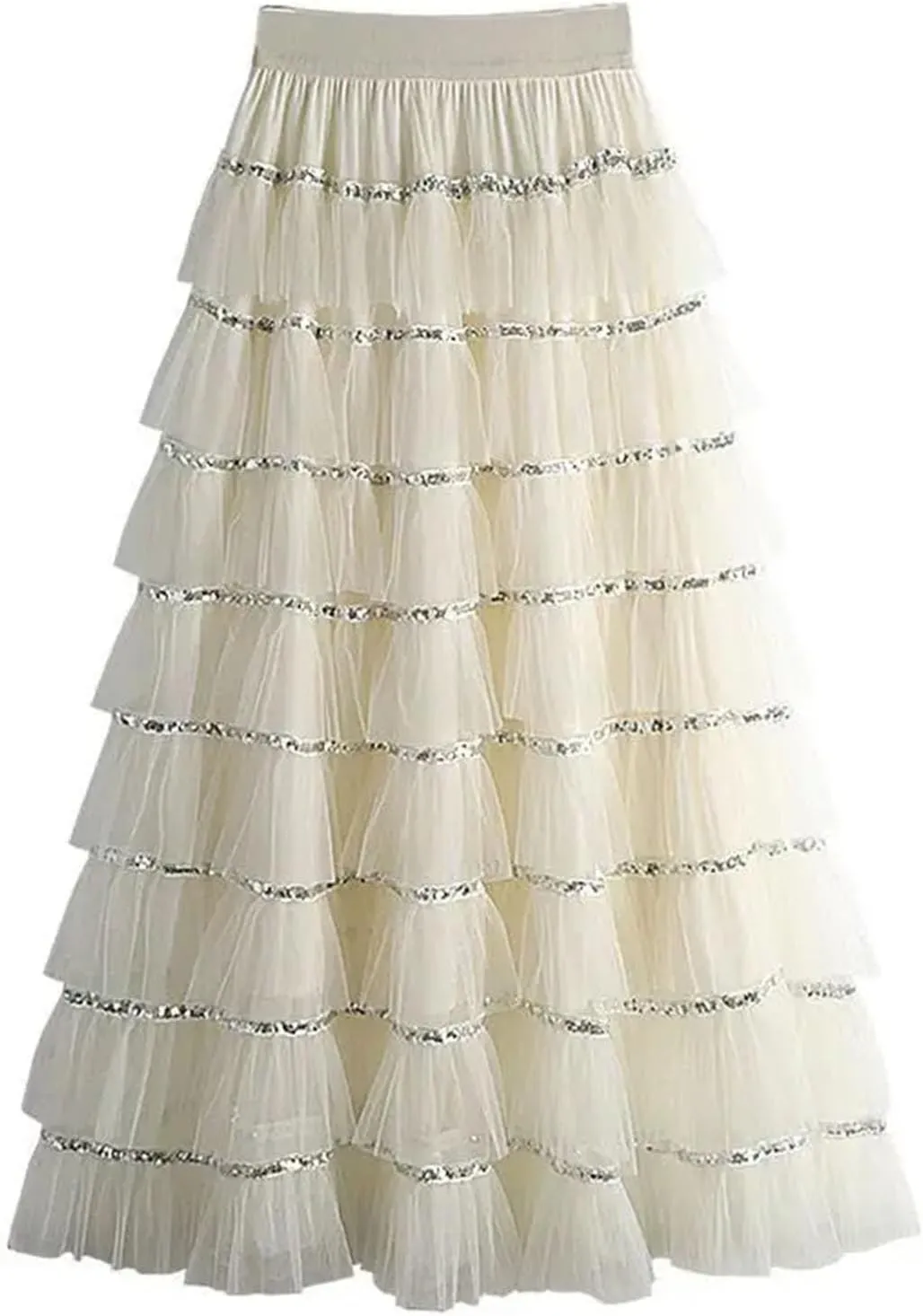 Women's Mesh Layered A-LINE Skirt Summer High Waisted Ruffles Long Skirt
