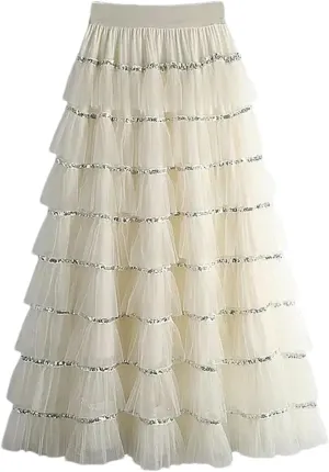 Women's Mesh Layered A-LINE Skirt Summer High Waisted Ruffles Long Skirt
