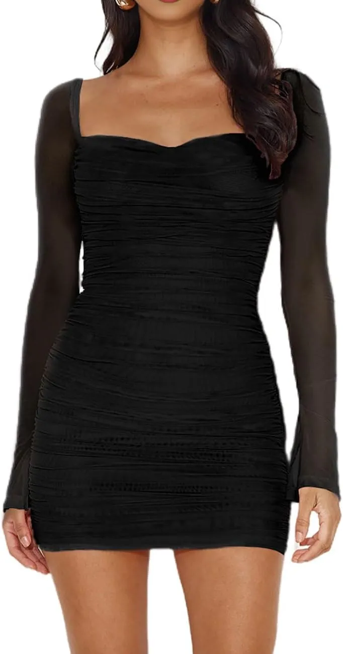 Womens Mesh Long Sleeve Dress Square Neck Ruched Bodycon Party Cocktail Mini Dress