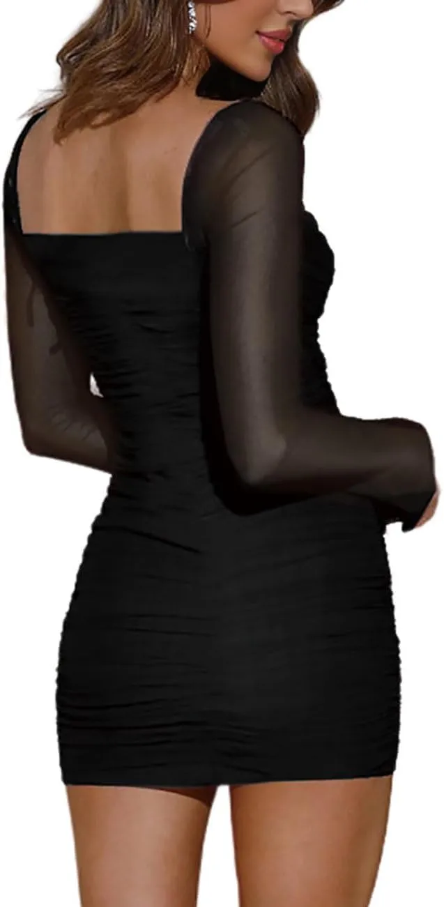 Womens Mesh Long Sleeve Dress Square Neck Ruched Bodycon Party Cocktail Mini Dress