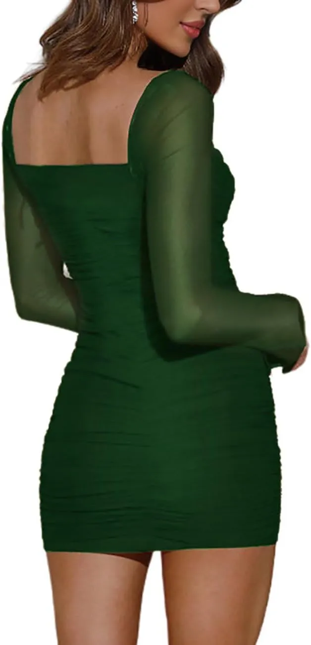 Womens Mesh Long Sleeve Dress Square Neck Ruched Bodycon Party Cocktail Mini Dress