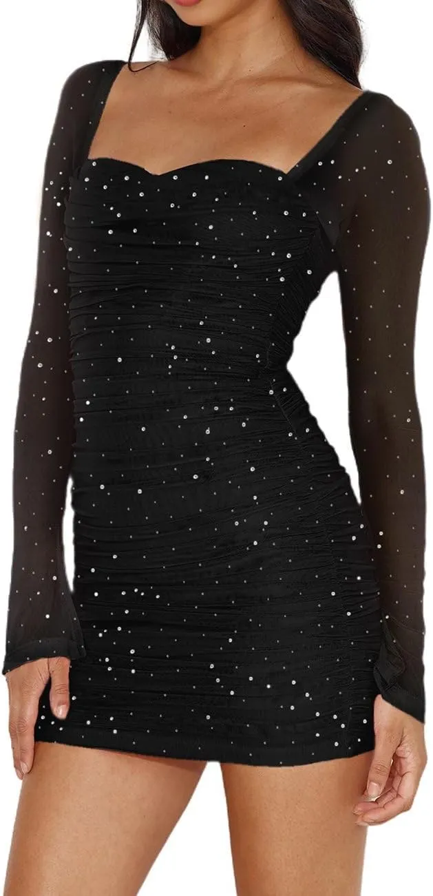 Womens Mesh Long Sleeve Dress Square Neck Ruched Bodycon Party Cocktail Mini Dress