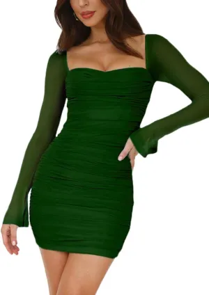 Womens Mesh Long Sleeve Dress Square Neck Ruched Bodycon Party Cocktail Mini Dress