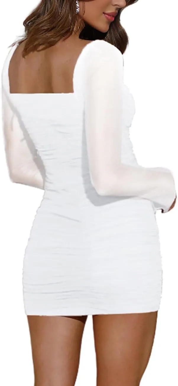 Womens Mesh Long Sleeve Dress Square Neck Ruched Bodycon Party Cocktail Mini Dress