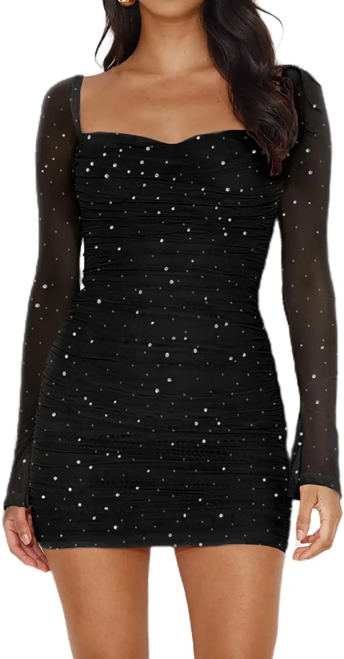 Womens Mesh Long Sleeve Dress Square Neck Ruched Bodycon Party Cocktail Mini Dress