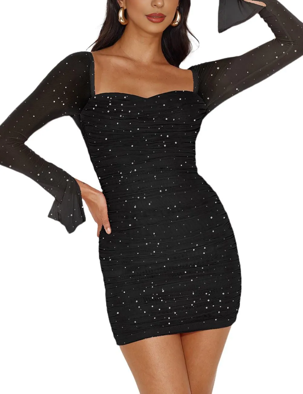 Womens Mesh Long Sleeve Dress Square Neck Ruched Bodycon Party Cocktail Mini Dress