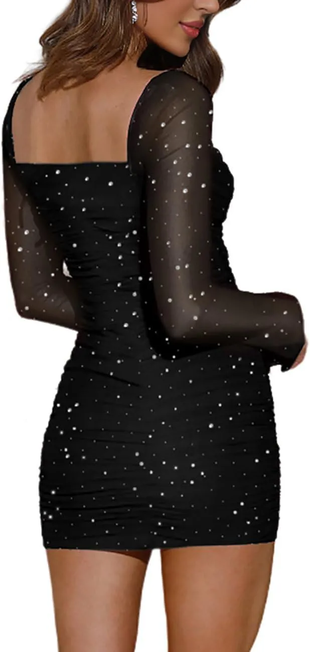 Womens Mesh Long Sleeve Dress Square Neck Ruched Bodycon Party Cocktail Mini Dress