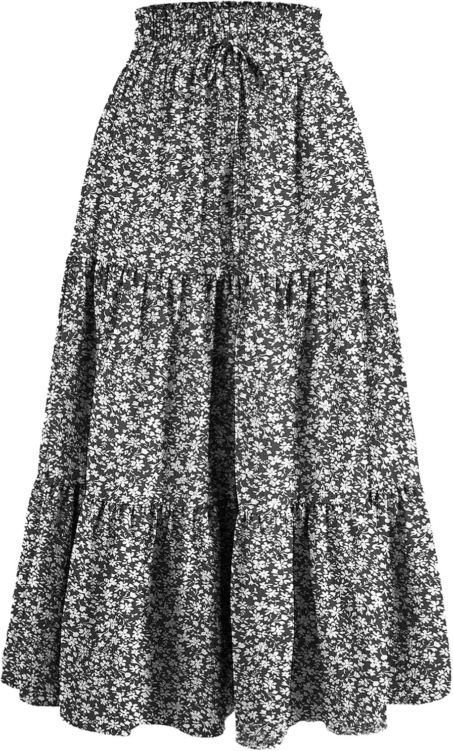 Womens Midi Skirts Elastic High Waist A-Line Swing Skirts Long Ruffle Tiered Hem Maxi Skirt
