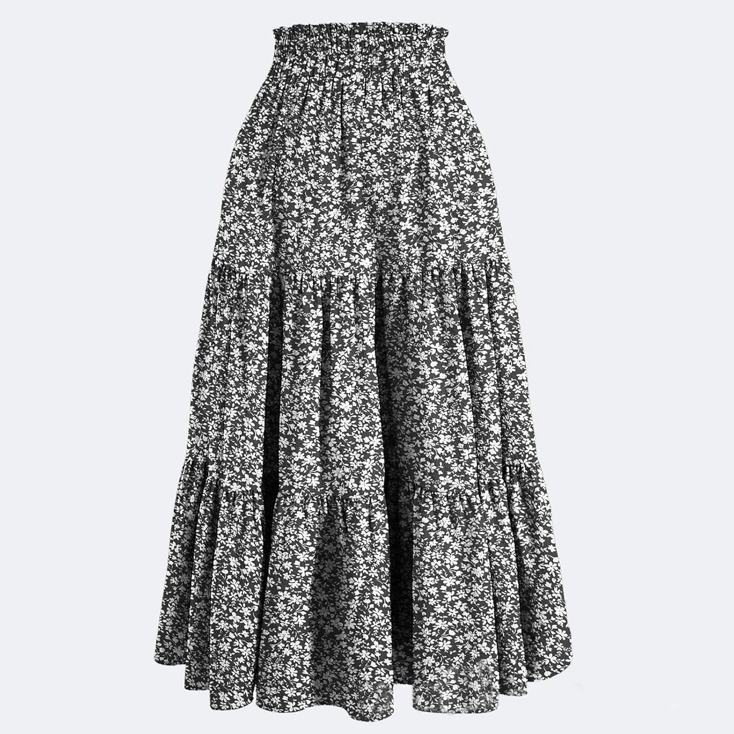 Womens Midi Skirts Elastic High Waist A-Line Swing Skirts Long Ruffle Tiered Hem Maxi Skirt