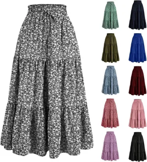 Womens Midi Skirts Elastic High Waist A-Line Swing Skirts Long Ruffle Tiered Hem Maxi Skirt