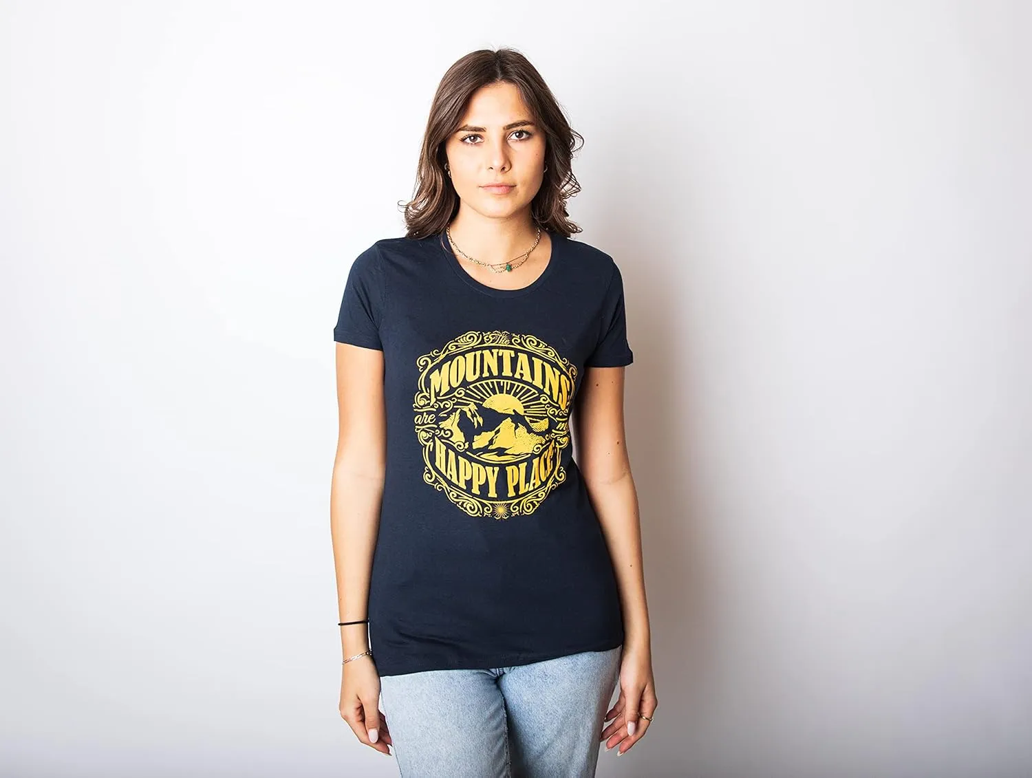 Womens Mountains are My Happy Place Cool Vintage Hiking Camping T Shirt Graphic