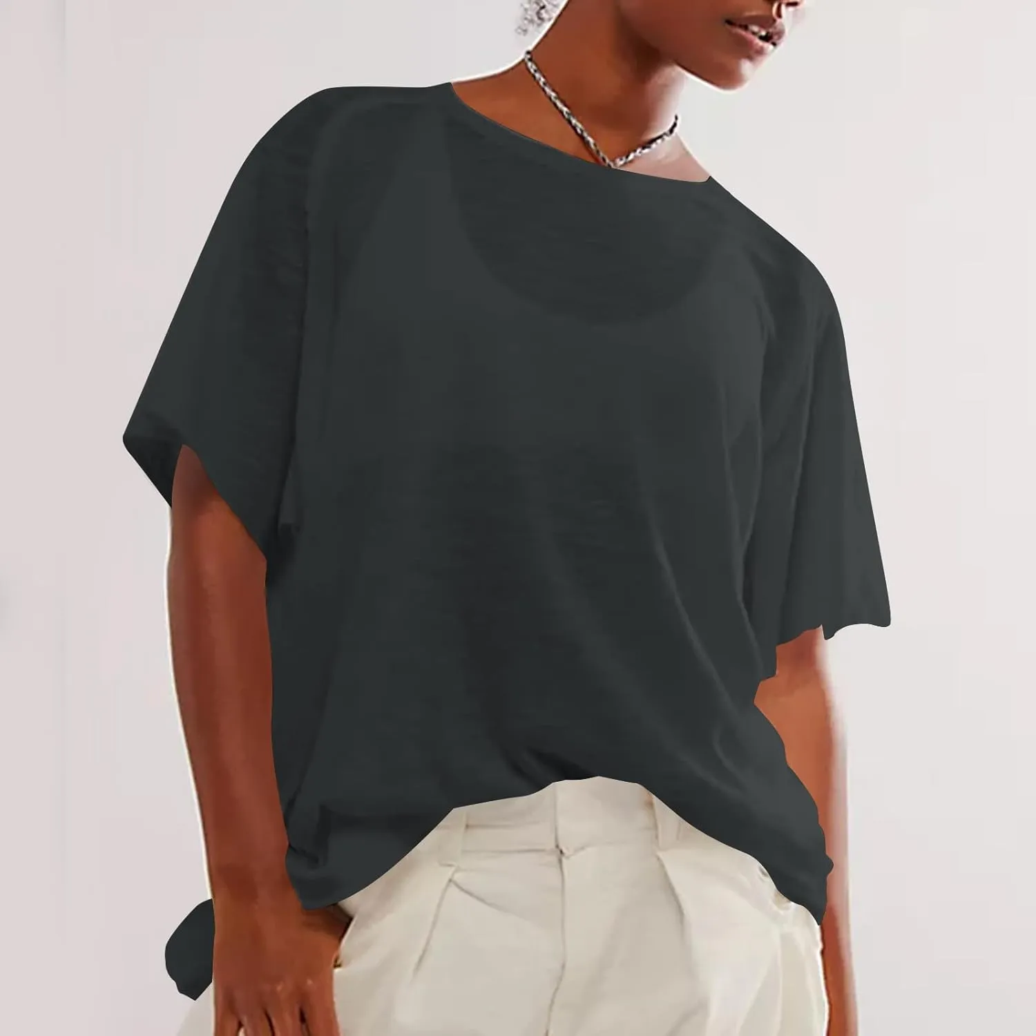 Womens Oversized T Shirts Loose Fit Crewneck Petal Short Sleeve Cotton Summer Tops Basic Tees Trendy Baggy T-Shirt