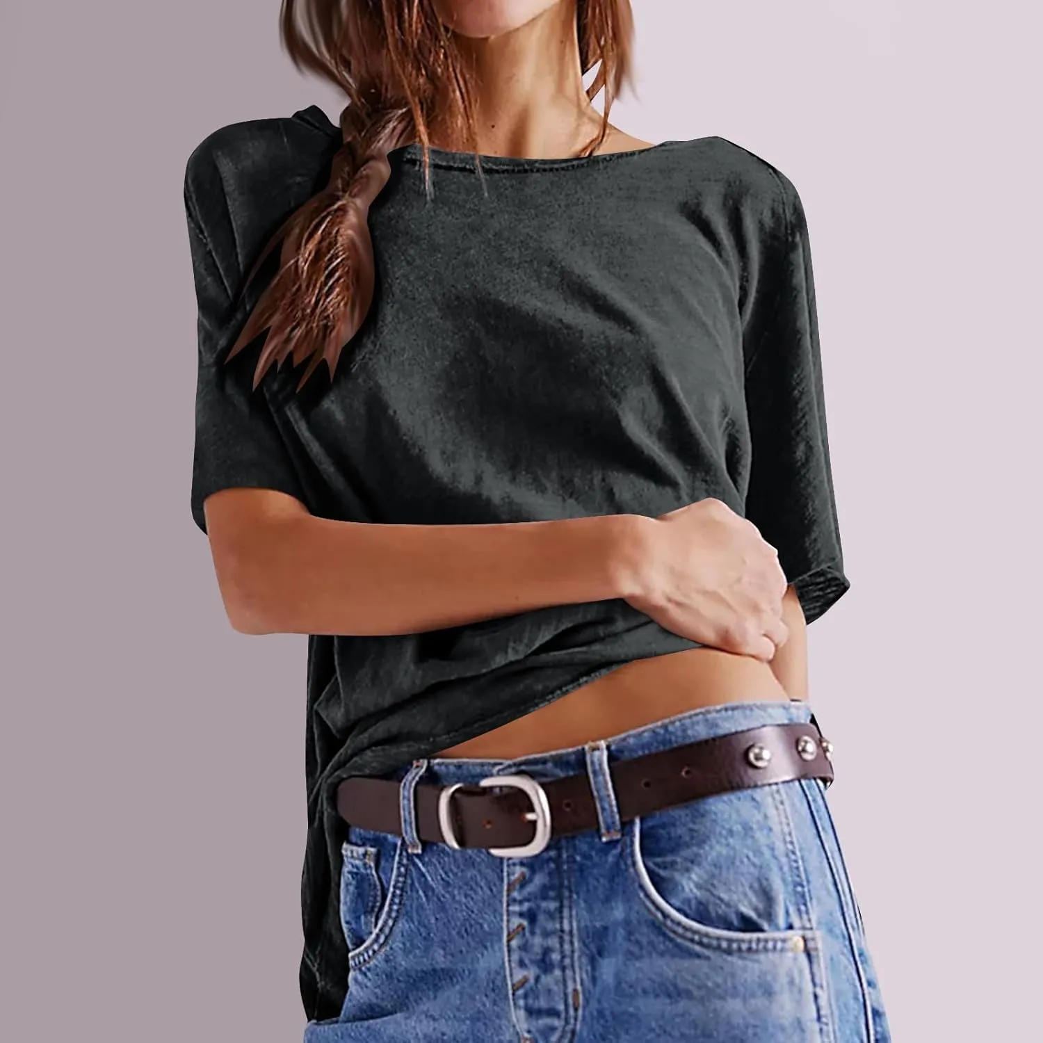 Womens Oversized T Shirts Loose Fit Crewneck Petal Short Sleeve Cotton Summer Tops Basic Tees Trendy Baggy T-Shirt