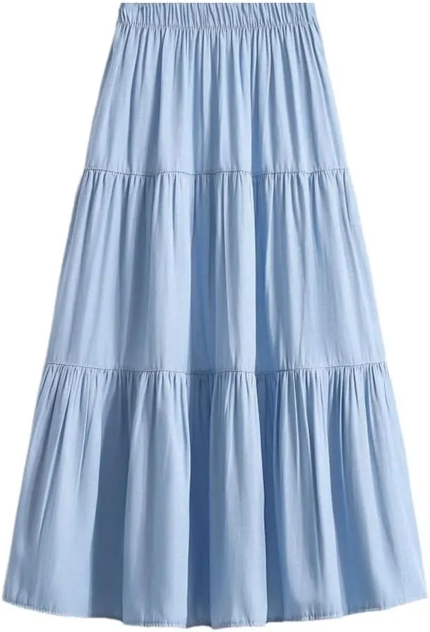 Women's Patchwork Denim Color Spliced A-Line Skirt Big Swing Long Thin Skirt