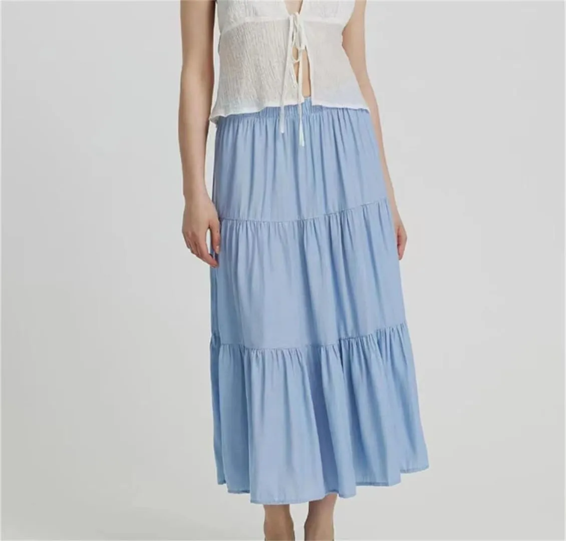 Women's Patchwork Denim Color Spliced A-Line Skirt Big Swing Long Thin Skirt