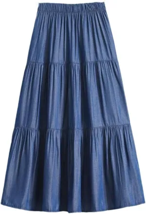 Women's Patchwork Denim Color Spliced A-Line Skirt Big Swing Long Thin Skirt