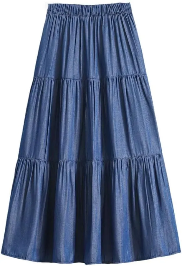 Women's Patchwork Denim Color Spliced A-Line Skirt Big Swing Long Thin Skirt