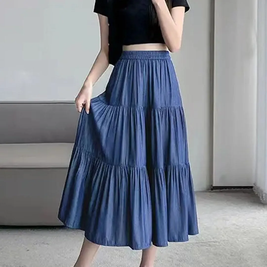 Women's Patchwork Denim Color Spliced A-Line Skirt Big Swing Long Thin Skirt