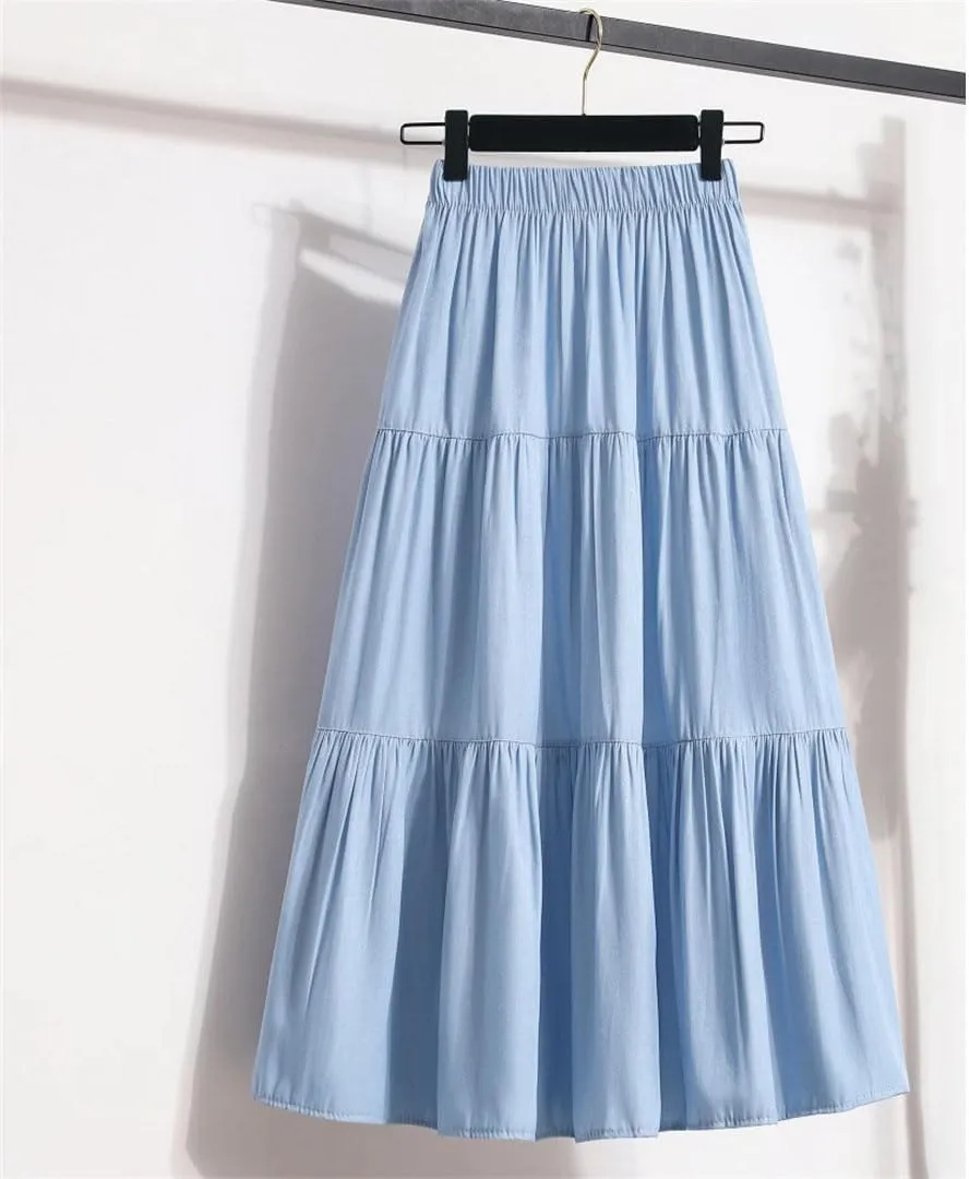 Women's Patchwork Denim Color Spliced A-Line Skirt Big Swing Long Thin Skirt