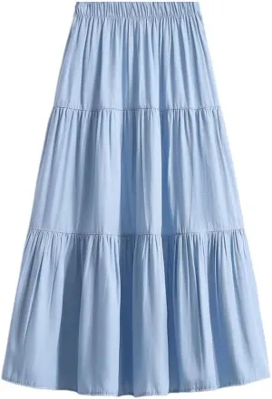 Women's Patchwork Denim Color Spliced A-Line Skirt Big Swing Long Thin Skirt