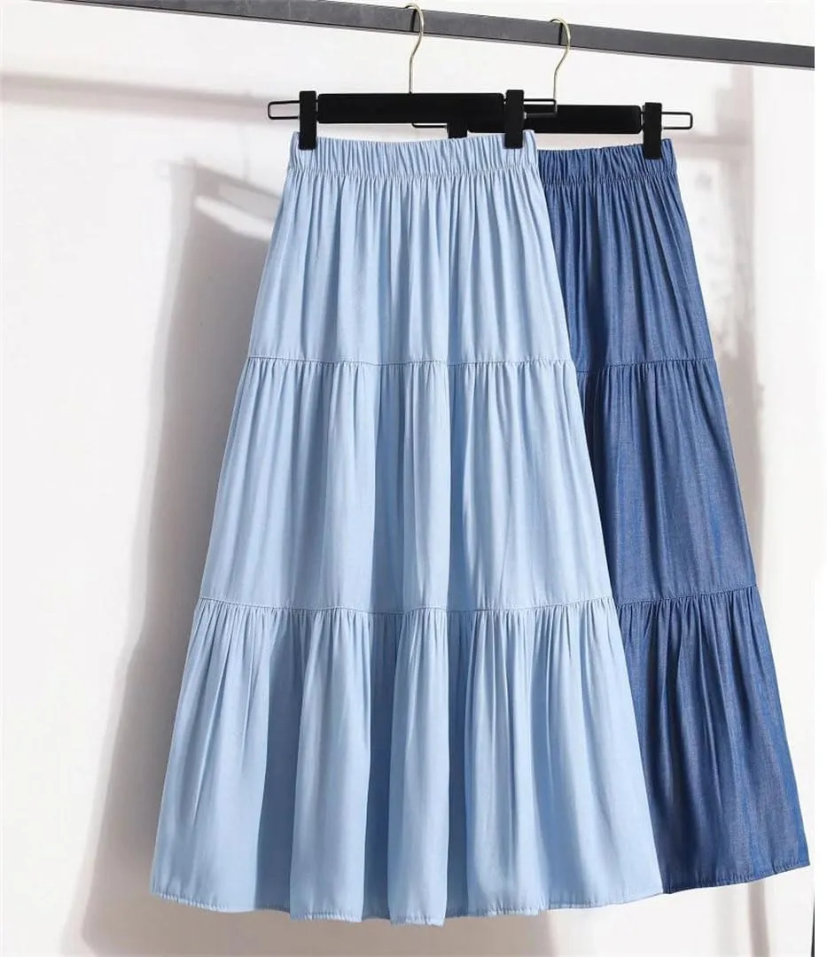 Women's Patchwork Denim Color Spliced A-Line Skirt Big Swing Long Thin Skirt