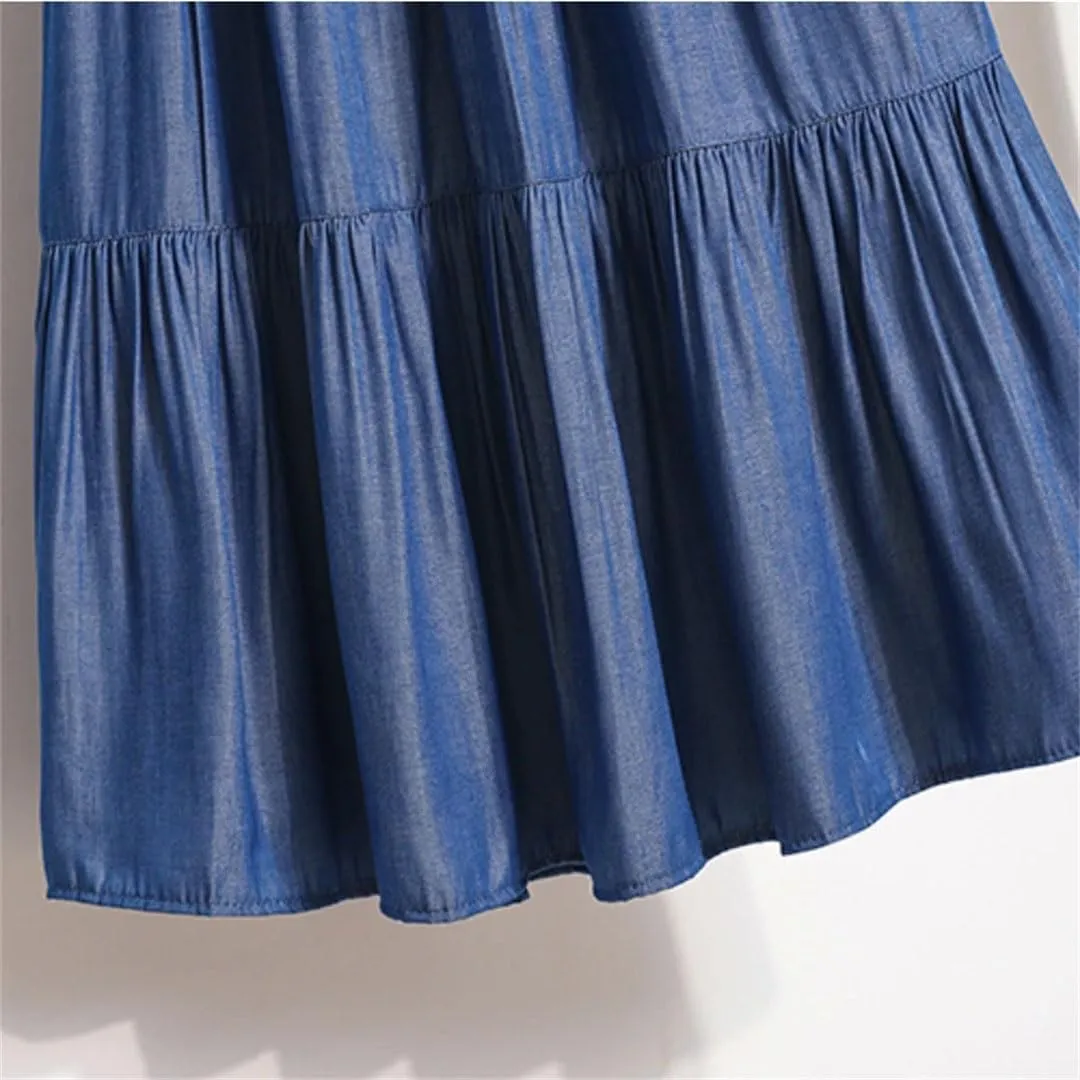 Women's Patchwork Denim Color Spliced A-Line Skirt Big Swing Long Thin Skirt