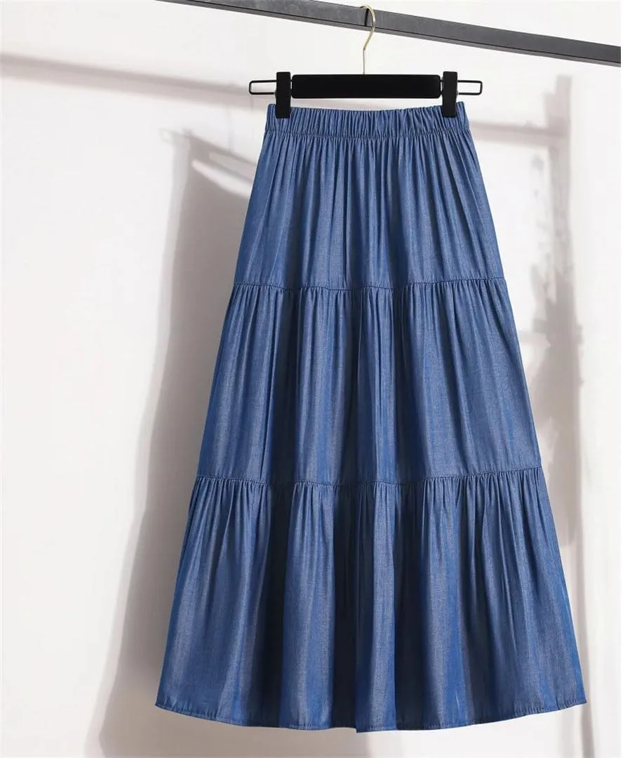 Women's Patchwork Denim Color Spliced A-Line Skirt Big Swing Long Thin Skirt