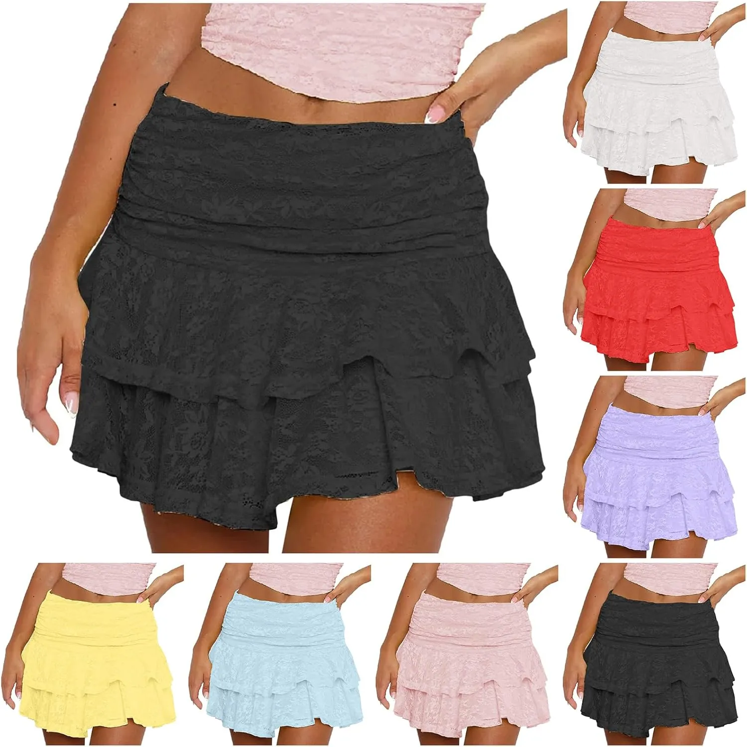 Womens Pleated Skirt High Waisted Ruffle Cute Flowy Layered Mini Skirt Skort Sports Skater Running Skorts