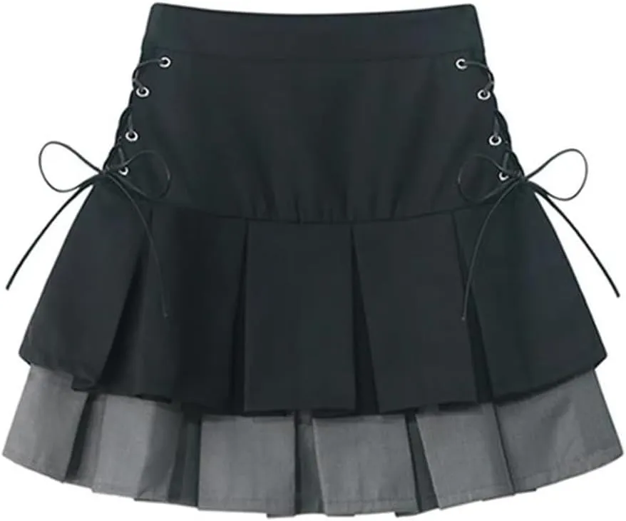 Women's Pleated Skirt Mini Skirt Korean High Waist Vintage Bandage A-Line Skirt