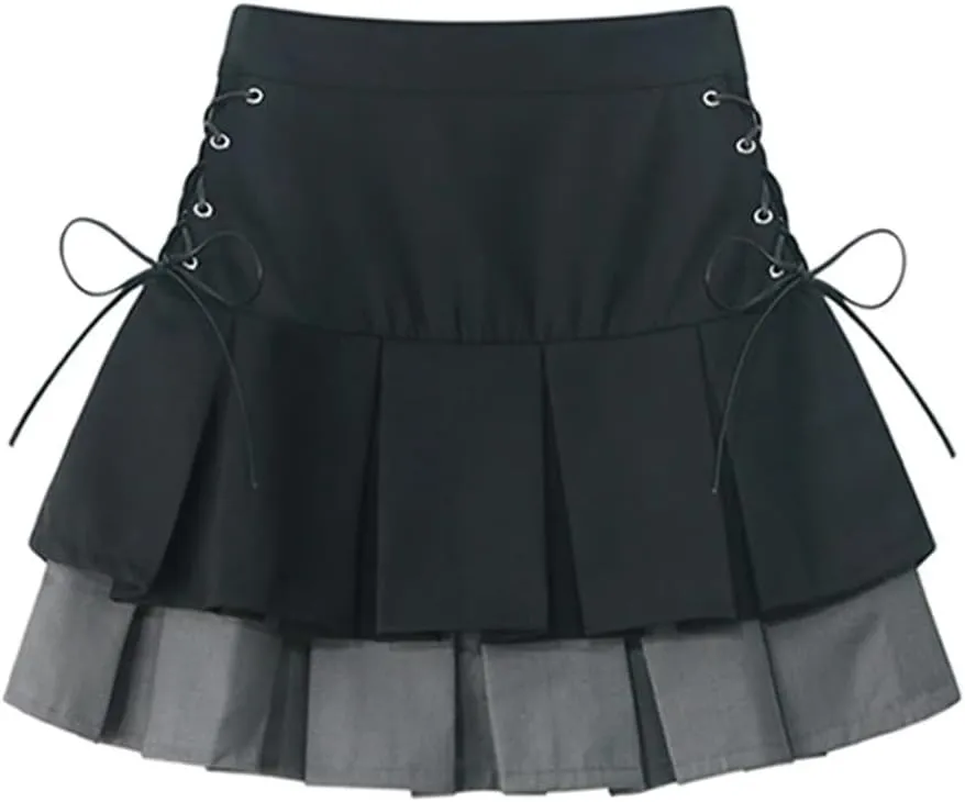 Women's Pleated Skirt Mini Skirt Korean High Waist Vintage Bandage A-Line Skirt