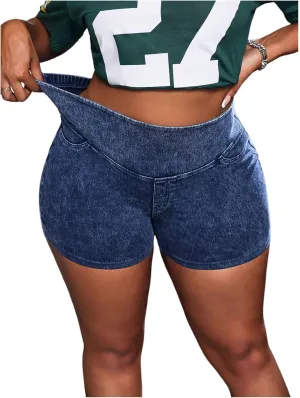 Women's Plus Size High Waisted Denim Shorts Casual Stretch Bodycon Jeans Sports Shorts with Pockets