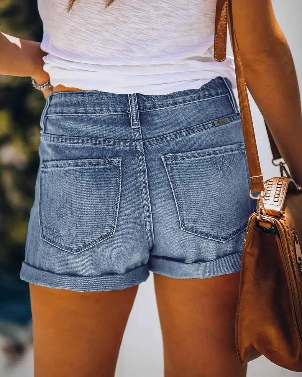 Women's Ripped High Waisted Denim Shorts Stretchy Cuffed Hem Jean Shorts