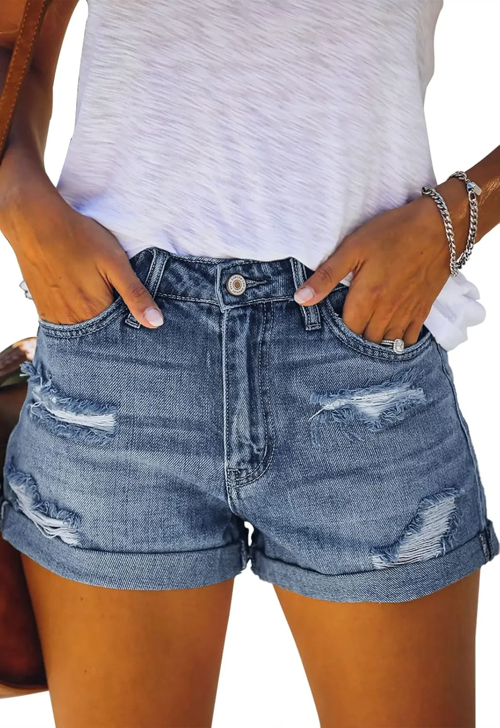 Women's Ripped High Waisted Denim Shorts Stretchy Cuffed Hem Jean Shorts