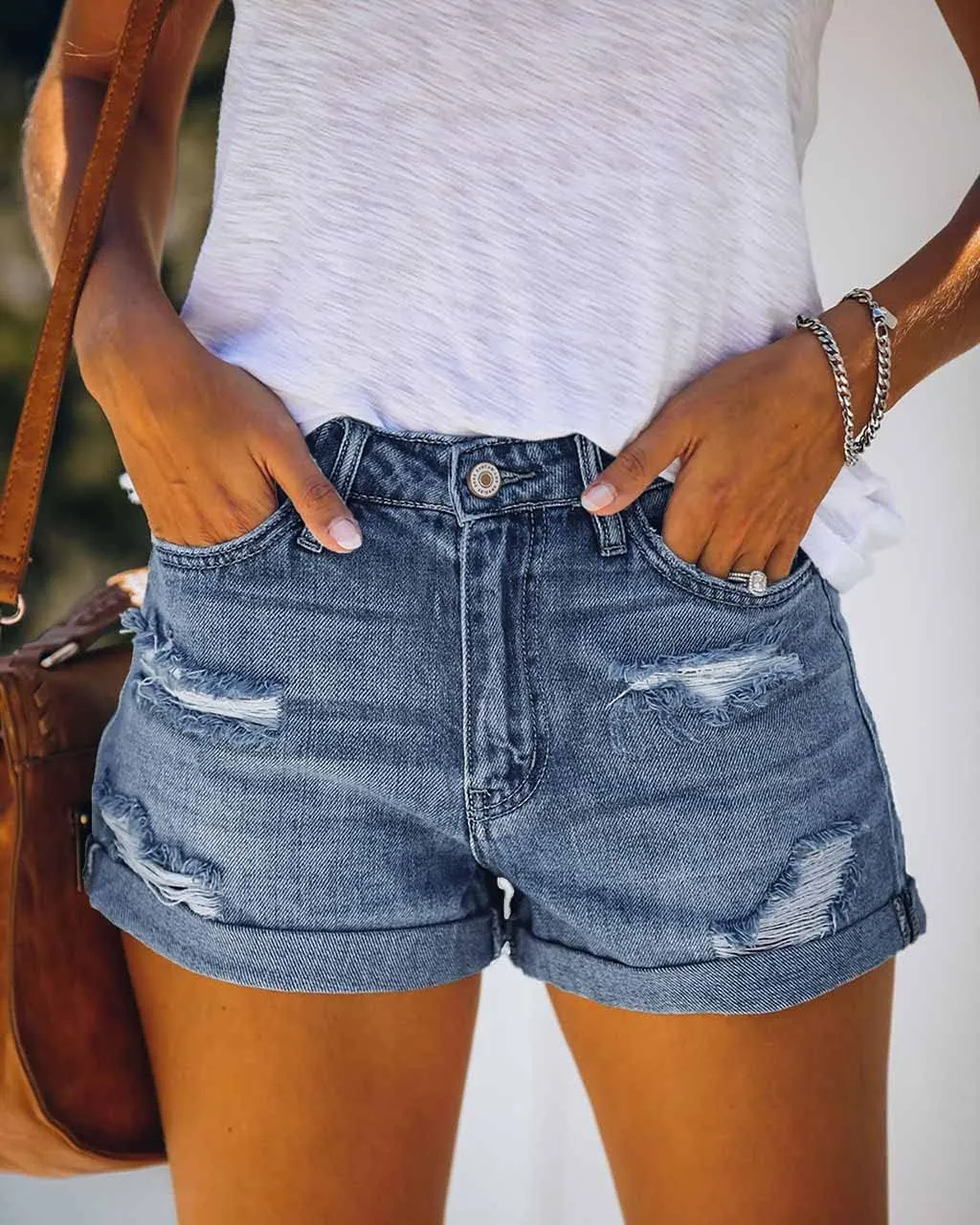 Women's Ripped High Waisted Denim Shorts Stretchy Cuffed Hem Jean Shorts