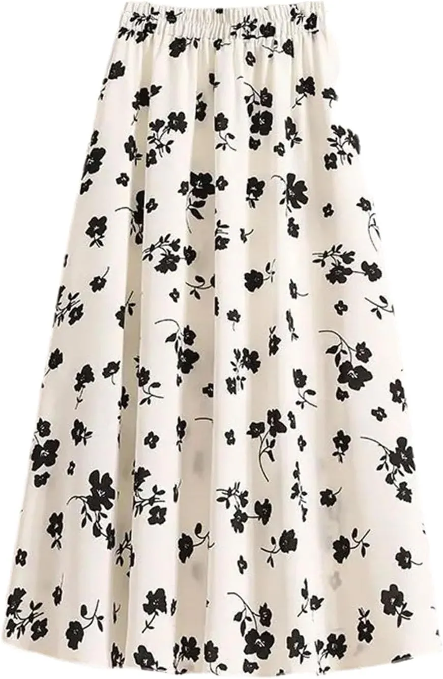 Women's Ruffles Printing A-Line Skirt Summer Elastic Waist Casual Slim Skirt