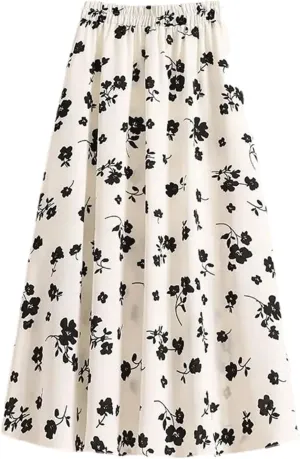 Women's Ruffles Printing A-Line Skirt Summer Elastic Waist Casual Slim Skirt